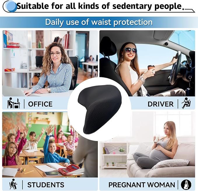 Lumbar Support Pillow for Car, 100% Memory Foam Lumbar Pillow with Breathable Removable Cover, Ergonomic Design - Back Pillow Lumbar Support Pillow for Car Seat/Back Pain Relief(Ice Silk Black, 1PC)