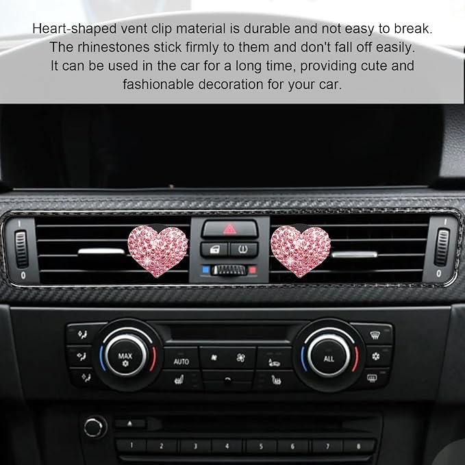 2Pcs Bling Crystal Heart Charms Car Vent Clips - Air Conditioning Outlet Decorative Accessories for Women and Men (Pink)