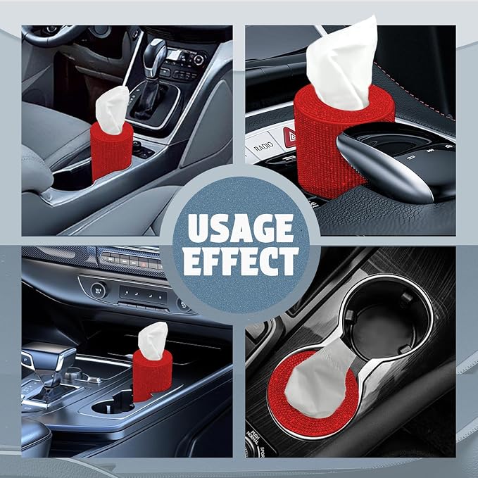 Bling Car Tissue Holder for Cup Holder – Sparkly Rhinestone Round Tissue Dispenser with 1 Pack Tissues – Fits Standard Auto Cup Holders – Stylish Car Interior Accessory for Women(RED)