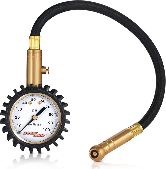 Accu-Gage RH100XA Tire Pressure Gauge with Hose and Protective Rubber Guard, Angled Swivel Chuck, 100 PSI