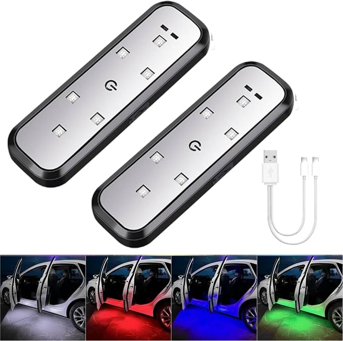 Car LED Door Lights Projector 7 Color Wireless Door Warning Lights USB Welcome Door Sill Courtesy Projection Magnetic Auto Sensing Ambient Puddle Lights (2Pcs)