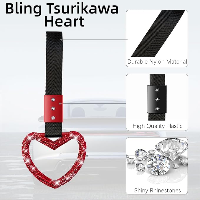 NBTEPEM Bling Heart Handle Ring Bling Car Accessories for Women Handle Strap Drift Charm Rear Bumper Warning Ring Tsurikawa Heart Decor for Car Interior Exterior Decoration (Red, Heart Style)