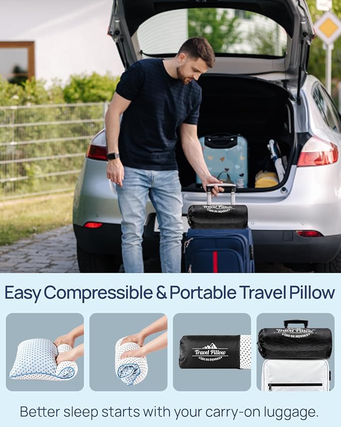Cooling Shredded Memory Foam Travel & Camping Pillow Large, Adjustable | Compressible, Portable, Medium Firm Neck Knee Back Support, College Dorm Pillow for Home-Like Comfort, Ideal Car Sleeping