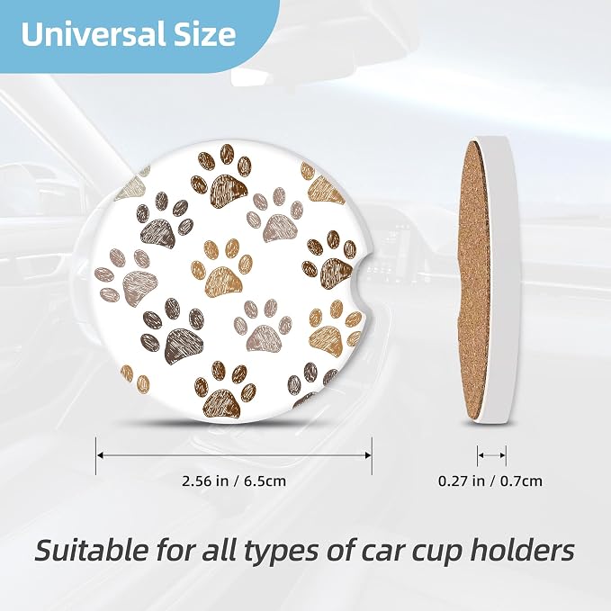 2 Pack Car Coasters for Cup Holders, 2.56" Universal Absorbent Ceramic Stone Car Cup Holder Coasters with Non-Slip Cork Base, Car Interior Accessories for Women Men(Dog paw Print)