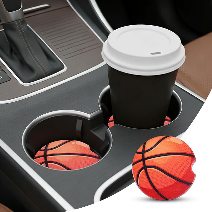 2 Pack Basketball Car Coasters for Men Women Car Cup Holder Coasters, 2.63 Inch Anti Slip Ceramic Absorbent Coaster with Cork Base and Finger Notch, Cute Fun Car Accessories Interior