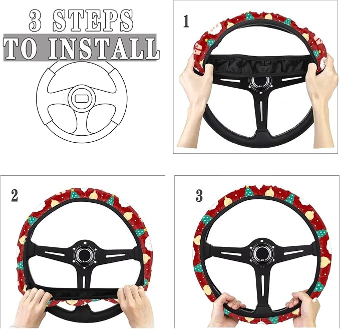 AFPANQZ Auto Steering Wheel Covers Anti-Slip Safety Stretch-on 14-15 inch | Santa Claus Red Print, Sweat Absorbing Non-slip, Steering Wheel Protection Case, Machine Washable Elastic Flexible