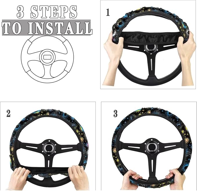 Wanyint Sun Moon Star Blue Car Steering Wheel Cover Universal 15 Inch Breathable Auto Steering Wheel Cover Car Accessory for Women Men