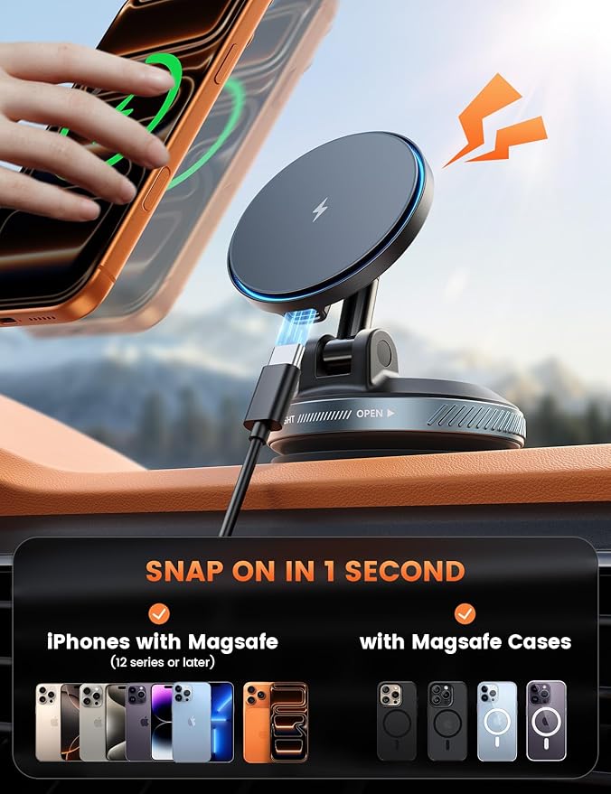 Lamicall 15W for MagSafe Car Mount Charger - Dual USB-C Ports, Magnetic Phone Holder for Car, Magnetic Wireless Car Charger, Vacuum Suction Cup Phone Mount for iPhone 17 Pro Max 16 15 Truck Jeep Black