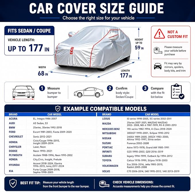 Car Cover for Sedan, Waterproof All Weather Heavy Duty, 360° Underbody Wrap Windproof Design, Quick Install Outdoor Vehicle Cover, Fits up to 177 in