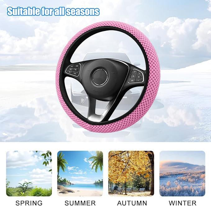 Car Elastic Stretch Steering Wheel Cover, 14.5-15" Breathable Ice Silk Anti-Slip Vehicle Steering Wheel Protector, Comfy Auto Interior Protection Accessories, Universal Fit (Pink)