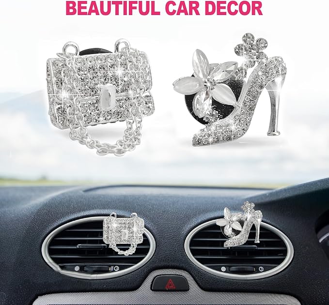 2 Pieces Car Bling Crystal High Heel Shoe Air Vent Clips with Magic Bag Rhinestone Car Air Vent Decoration Cute Universal Interior Accessories Silver