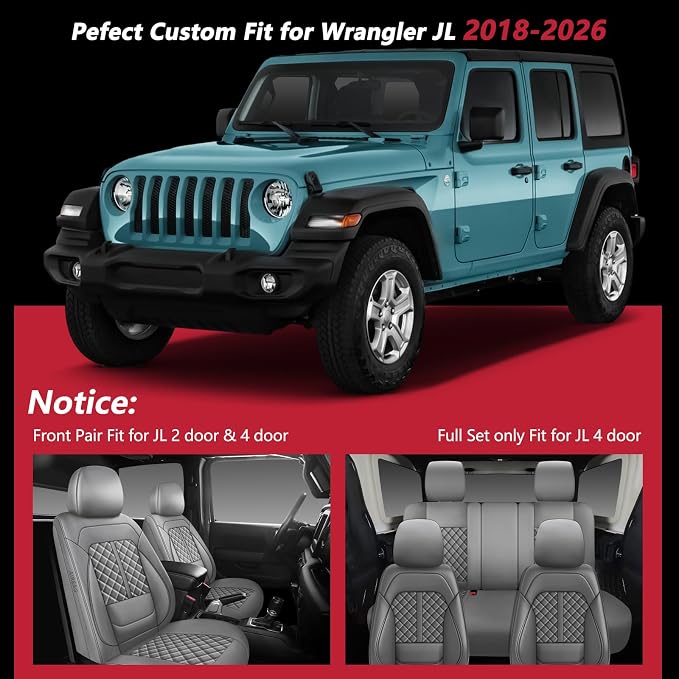 Wrangler Seat Covers 2007-2026,Custom Fit for Jeep Wrangler JK JL 4 Door Unlimited Sahara/Sport/Rubicon X 392 Willys,Waterproof Faux Leather and Lumbar Support (Grey, Front Pair-2 seats(18-26))