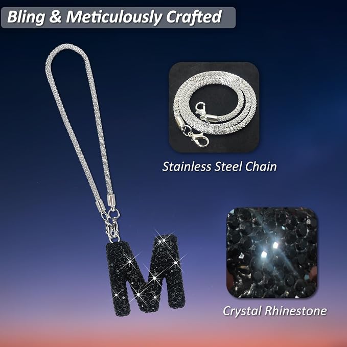Letter M Bling Black Car Accessories Interior for Women, Interior Charm Rear View Mirror Cute Crystal Pendant Car Decorations for Men, Lucky Gifts Diamond Rhinestone