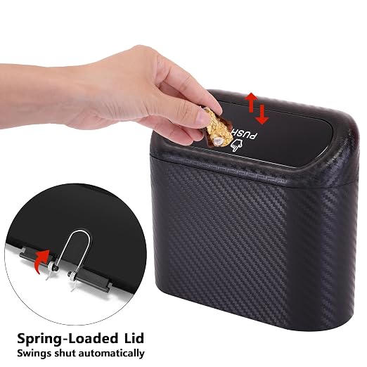 Ginsco Mini Car Trash Can with Lid, Small Car Garbage Can, Cute Leakproof ABS Car Trash Bin, Car Accessories for Interior, Garbage Bin for Car, Home, Office with 120pcs Trash Bags Carbon Fibre