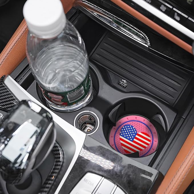 AUCELI 2 Pack Car Cup Holder Coasters, Colored American Flag US Flag Insert Car Cup Coaster, 2.75 Inch Anti Slip Shockproof Embedded Drink Mat, Vehicle Interior Decor Accessories