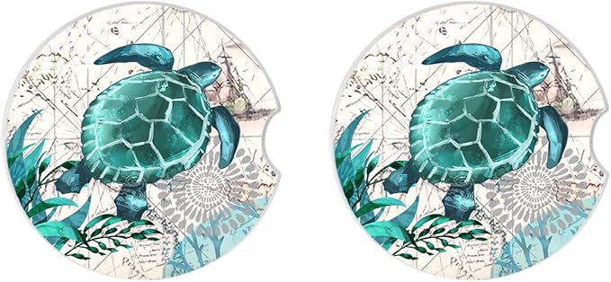 2 Pack Sea Turtles Pattern Absorbent Car Coasters for Cup Holders,2.56" Ceramic Coasters with Cork Back and Finger Slot,Auto Accessories for Women & Men.