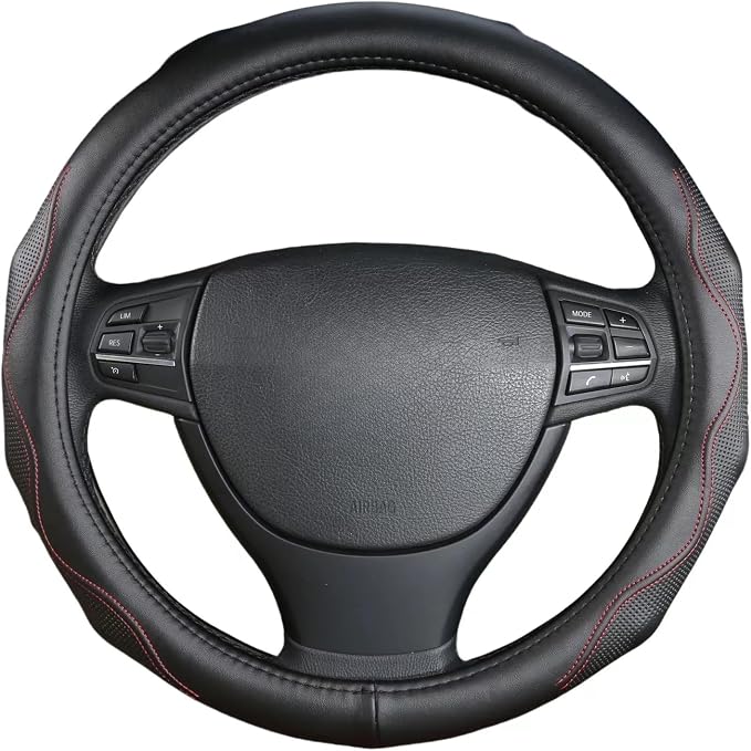 Leather Steering Wheel Cover (15 Inch, Black-red Stitching) | Real Leather with Silicone Lining, Non-Slip Universal Fit for Cars, SUVs & Trucks