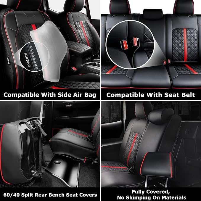 Carlimeki Leather Seat Covers Custom Fit for Tacoma Gen 3rd (2016-2023) | For Double & Crew Cab only - Fits SR, SR5, Limited, TRD Pro, TRD Sport, TRD Off-Road, Trail Special Edition - Fully Covered