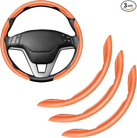Amiss 3pcs Carbon Fiber Anti-Skid Steering Wheel Cover, Waterproof & Segmented Butterfly Design, Universal 99% Vehicle Wheel Cover Protector, Car Interior Accessories (Orange-3pcs)