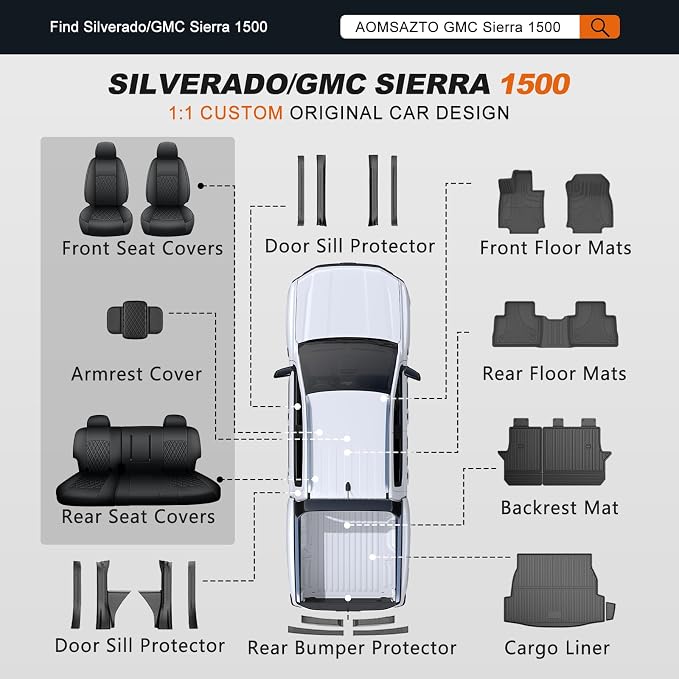 AOMSAZTO Truck Seat Covers for Chevy Silverado/GMC Sierra 1500 (2007-2013) 2500HD/3500HD (2007-2014) - Black/Gray Diamond Grid Faux Leather Seat Cover Full Set(Rear 40/60 Split for Crew Cab)