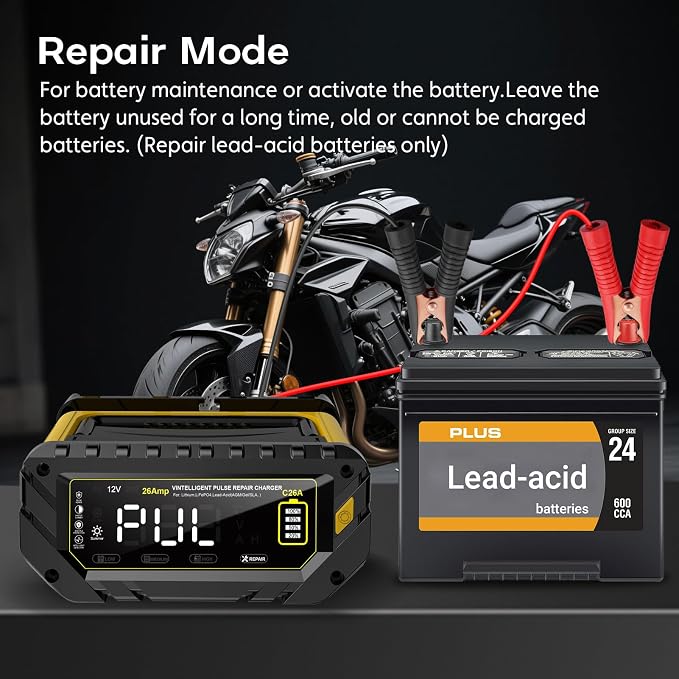 Car Battery Charger Auto-Stop 6V/12V/24V Trickle Charger | Max 26 Amp, Lithium LiFePO4 & Lead-Acid(All Car Battery) Battery Maintainer, Overcharge Protection, Temperature Compensation