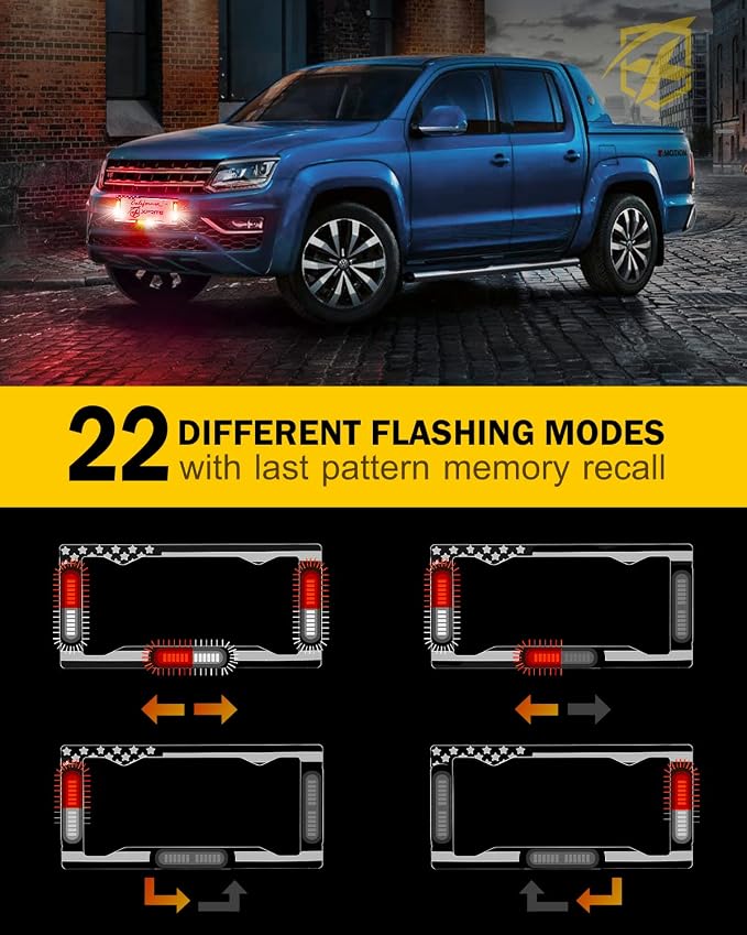 Xprite 36 LED License Plate Strobe Light, US Flag Front/Rear Utility Lights, 22 Modes Caution Frame for Construction Towing Snow Plow Pickup Work Trucks Cars - White Red (w/Pre-Installed 9FT Cable)