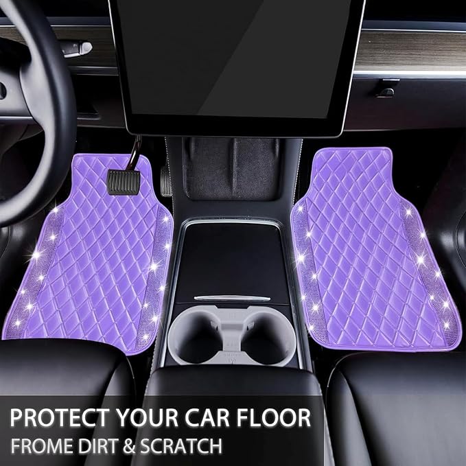 NBTEPEM Bling Leather Car Floor Mats Full Set, Sparkly Diamond Car Mats Universal Fit Most Automotive, Glitter Rhinestone Carpet Waterproof Anti-Slip (Purple Leather Diamond)