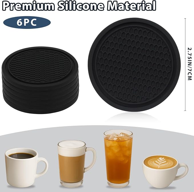 Car Cup Coaster – 6PCS Universal Silicone Non-Slip Drink Holder Inserts for Car Interior – Decorative Anti-Spill Coaster Set for Auto, Home, Office Use