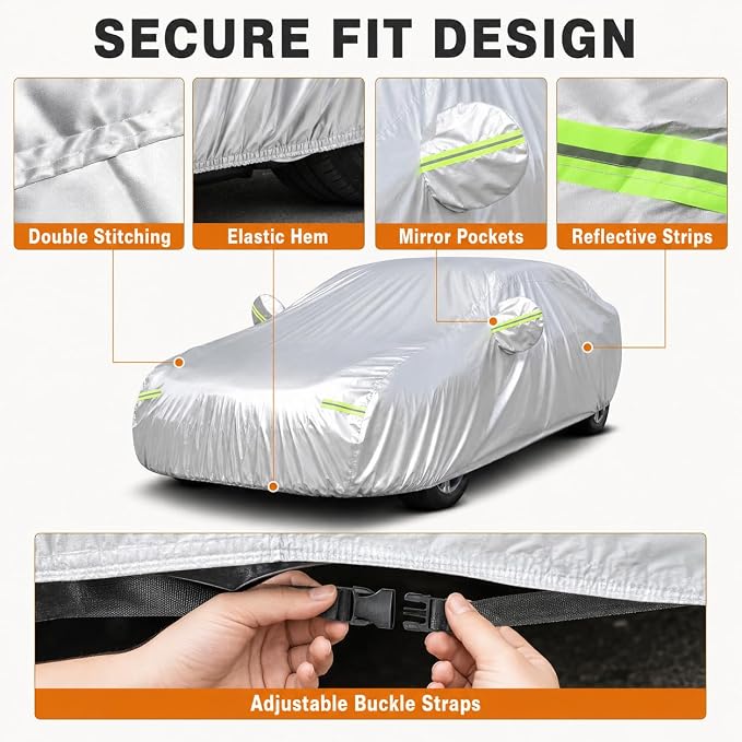 GXARTS Heavy Duty Car Cover 189"×75"×59" Waterproof All-Weather Sedan Cover with Zipper Door+Windproof Straps，UV Snowproof Dustproof Fit for Toyota Corolla Honda Civic VW Jetta Kia Forte Elantra+More