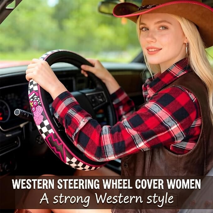 Western Cowboy Steering Wheel Cover - Retro Tooled Leather, Embossed Hand-Painted Design, Universal 15 Inch Anti-Slip Cover for SUV, Truck, Car, Breathable All-Weather, Easy to Install (Style-B)