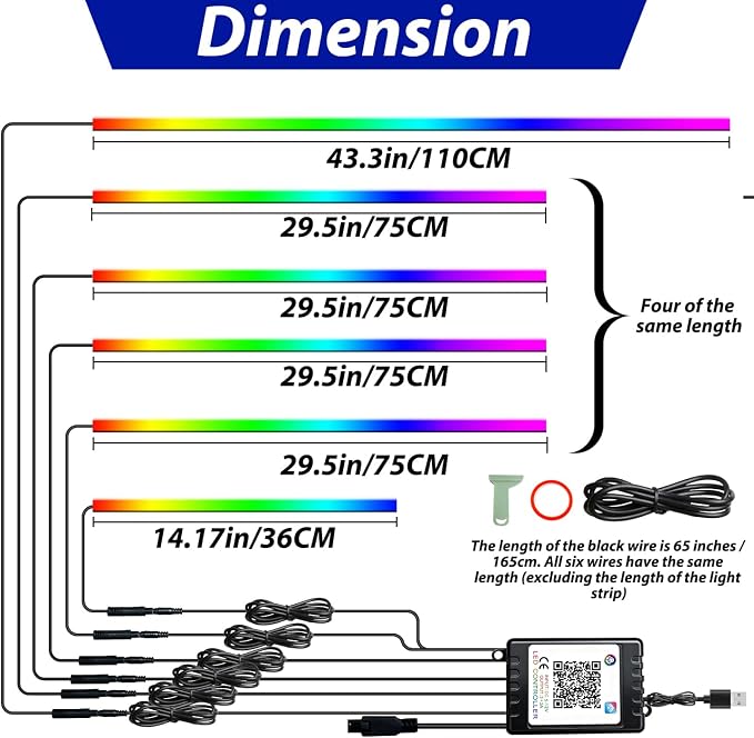 RGB-IC 6 in 1 Car Led Strip Lights, Interior Car Lights, App and Remote Control Ambient Lighting Kit with 16 Million Colors Fiber Optics&Music Sync Rhythm, USB Neon Light Accessories for Console&Door