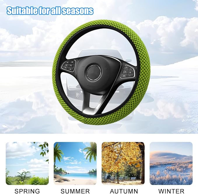 Car Elastic Stretch Steering Wheel Cover, 14.5-15" Breathable Ice Silk Anti-Slip Vehicle Steering Wheel Protector, Comfy Auto Interior Protection Accessories, Universal Fit (Grass Green)