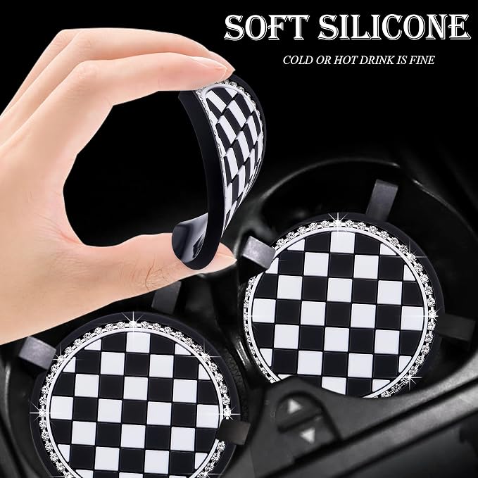 4PCS Car Cup Holder Coasters – Sparkly Bling Design, 2.75 Inch Silicone Insert, Anti-Slip & Shockproof, Fits Most Vehicles (Checkerboard)