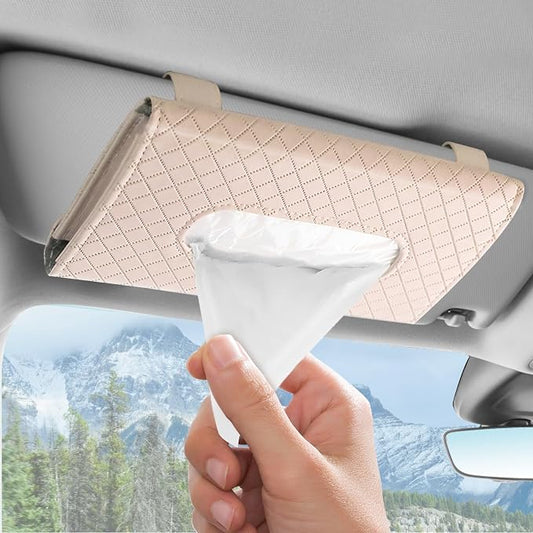 Wuyaoyao Car Tissue Holder, Auto Sun Visor Napkin Holder Mask Holder, Premium PU Leather Car Tissue Holder Visor Tissue Dispenser, Universal Sun Visor Tissue Box for Most Vehicle (Plaid-Beige)