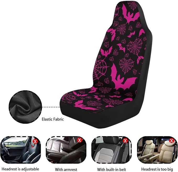 Pink Bats Car Seat Covers for Front Seats, Spider Web Breathable Seat Protectors, Set of 2, Universal Fit for Most Cars, SUVs and Sedans