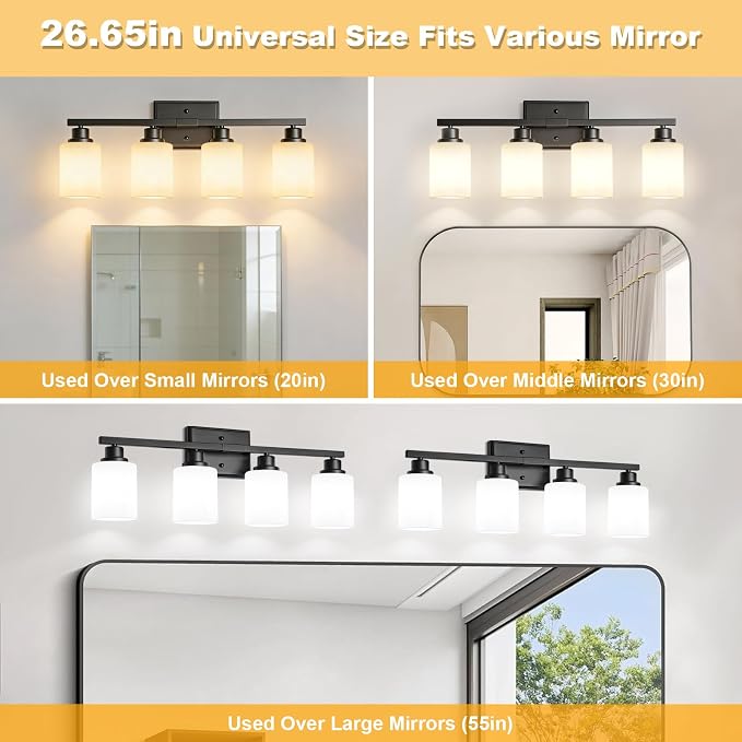 Unicozin 4-Light Bathroom Light Fixtures, Modern Black Vanity Light Over Mirror, Wall Sconces with Milky White Glass Shades for Living Room Bedroom Hallway E26 Base