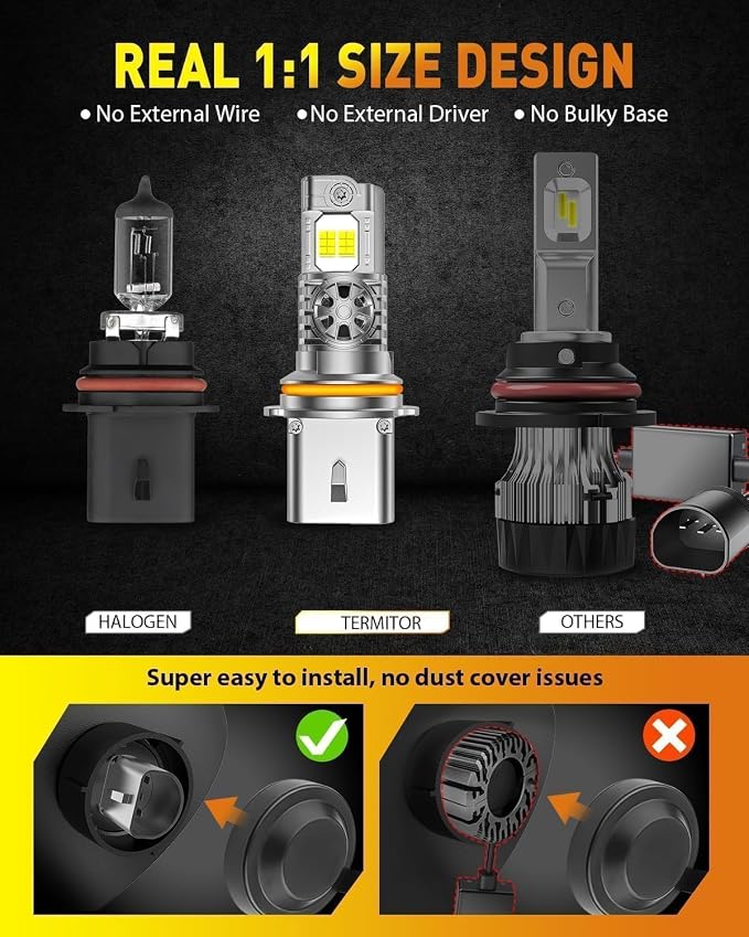 Termitor Latest 9007 Light Bulb, HB5 Halogen for Off-road | 50K Lumens, 6500K Daylight White, No Adapter Required, Easy Install, 75,000hrs+ Lifespan, IP68, 1:1 size, Pack of 2