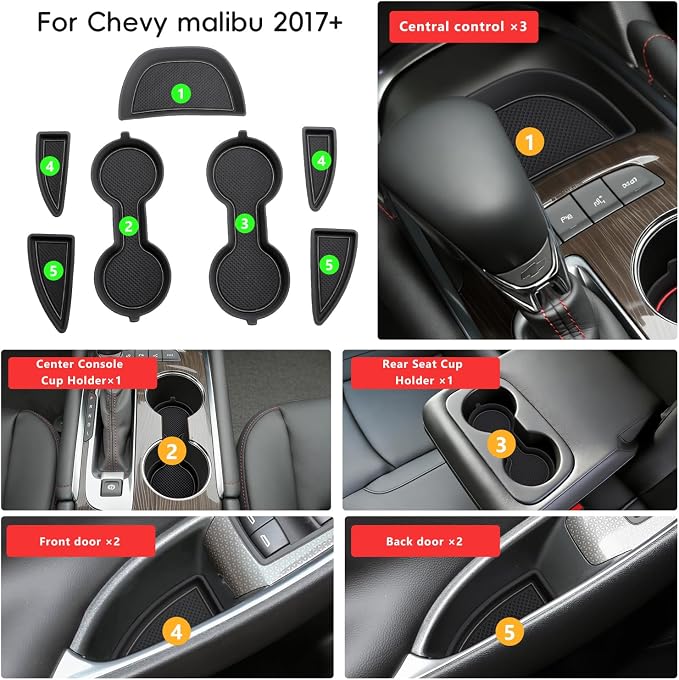 Auovo Cup Holder Inserts Coaster Center Console Liners Compatible with Chevy Malibu Accessories 2017-2025 Silicone Cup Mat Pad Door Liners Car Interior Decoration(Black, 7PCS-with Door Liners)