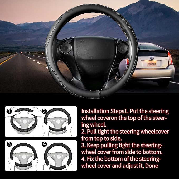Steering Wheel Cover with Anti-Slip Leather Grip Compatible with Ford, Toyota, Honda, Nissan, and Chevrolet Vehicles for 14.5-15.35 inch Round Steering Wheels Universal Car Accessories