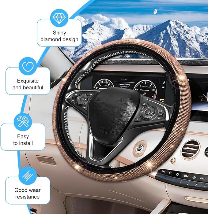 8PCS Bling Car Accessories Set, Sparkly Rhinestone Vehicle Steering Wheel Seat Belt Gear Shift Start Stop Button Cover, Diamond Auto Cup Holder Coaster Decoration, Universal Fit (Champagne)