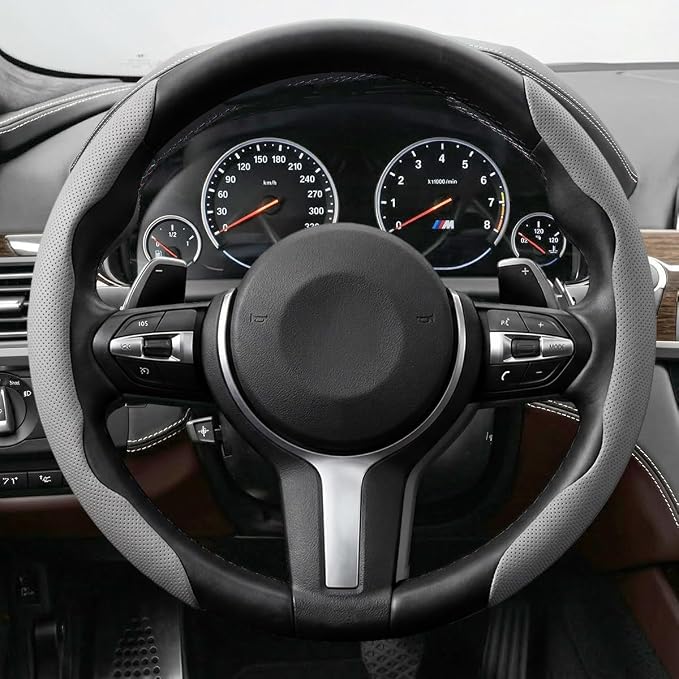 2PCS Car Steering Wheel Cover, 14.5-15" Breathable Nappa Leather Segmented Steering Wheel Protector with Non-Slip Grip, Stylish Auto Interior Decor Accessories, Universal for Vehicles (Gray)