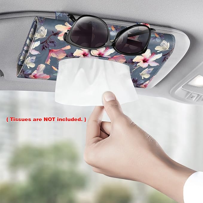 CaseBot Car Visor Tissue Holder, Sun Visor Napkin Holder, Mask Holder for Car, PU Leather Backseat Tissue Box for Truck SUV, Blooming Hibiscus