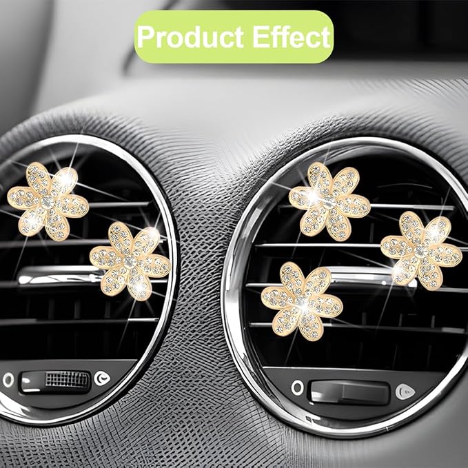 Osilly Bling Car Air Vent Clips, 4PCS/2Set Flower Rhinestone Vehicle Air Outlet Clamp, Sparkly Diamond Automotive Interior Vent Clip Charm Decor Accessories, Universal for SUV Truck RV (Golden)