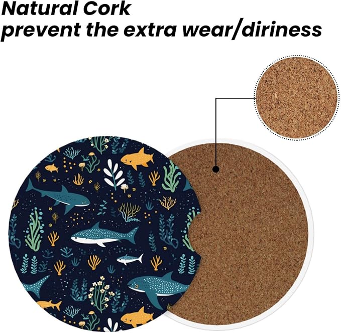 Whale Shark Underwater Sea Life Absorbent Ceramic Car Coasters 2 Pack Round Insert Cupholder Coaster Car Cup Holder Mat with Finger Notch Anti-Slip Cork Base Reusable Drink Coasters 2.56 in