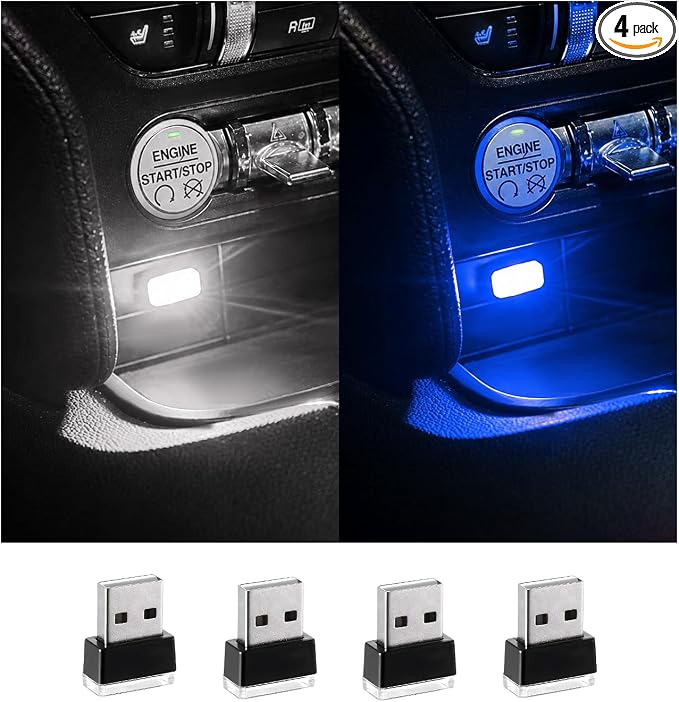 Augeny 4 PCS USB LED Car Interior Atmosphere Lamp, Plug-in USB Decor Night Light, Portable Auto Ambient Lighting Kit, Universal Vehicle Interior Accessories for Most Cars (White & Blue)
