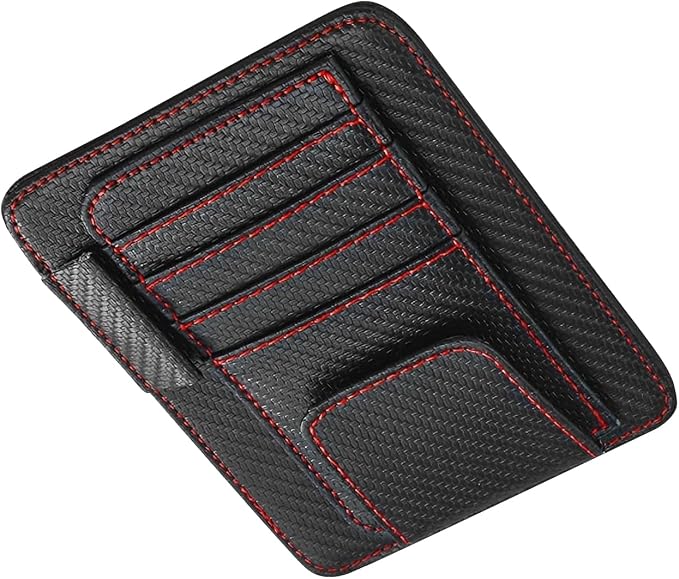 Car Sun Visor Organizer, Premium Leather Sun Visor Sunglass Holder with Card Holders & Pen Clip Slot, Universal Car Interior Organizer for Driving License, Card, Pen (Black & Red)