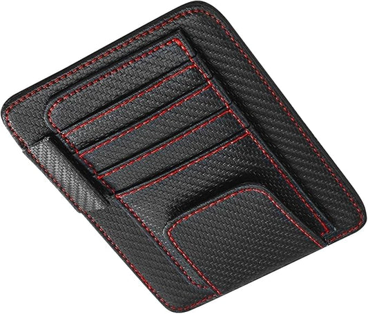 Car Sun Visor Organizer, Premium Leather Sun Visor Sunglass Holder with Card Holders & Pen Clip Slot, Universal Car Interior Organizer for Driving License, Card, Pen (Black & Red)