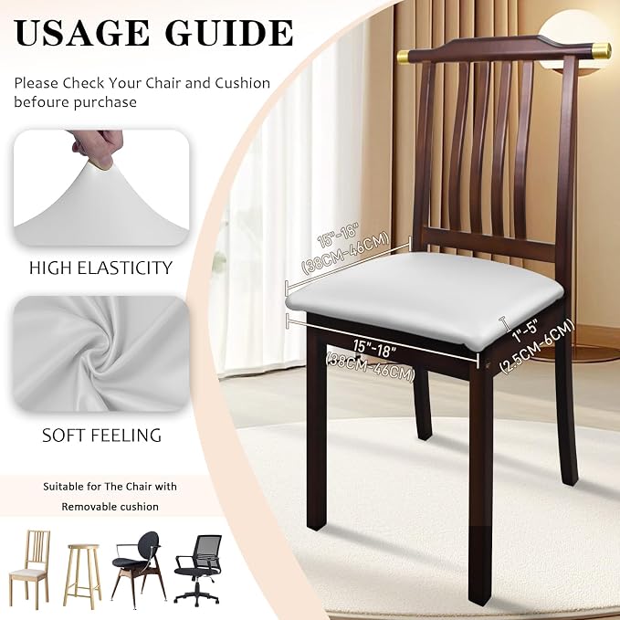 Pu Leather Dining Chair Seat Covers Set of 6, Waterproof Dining Seat Covers Stretch Chair Covers for Dining Chairs/Kitchen Room/Hotel, Odorless Seat Covers for Kitchen Chairs (Pure White - 6 PCS)