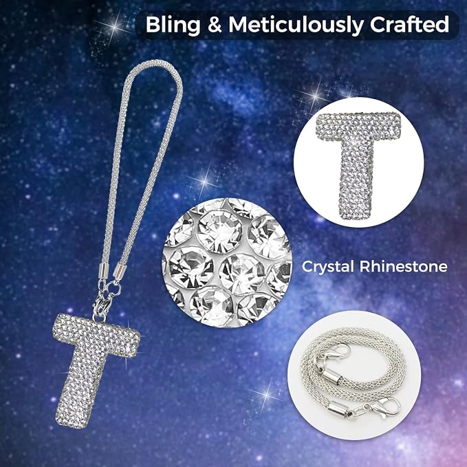 Bling Car Accessories for Women Letter Charm, Rear View Mirror Ornament Cute Hanging Crystal Pendant Girl Car Decorations, Lucky Diamond Rhinestone Girly Charm Interior (White T)
