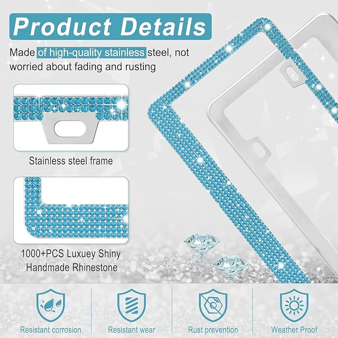 Amiss Bling License Plate Frame for Women, 1Pack Rhinestone Handcrafted Crystal Premium Stainless Steel, Stainless Steel Car Decorative Accessories with Diamond Sparkle Glitter Caps (Blue)
